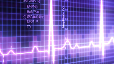 Purple digital EKG graph with stats