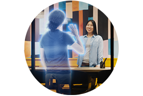 People collaborating in a virtual setting.