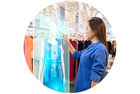 Woman shopping using Mixed and virtual realty.