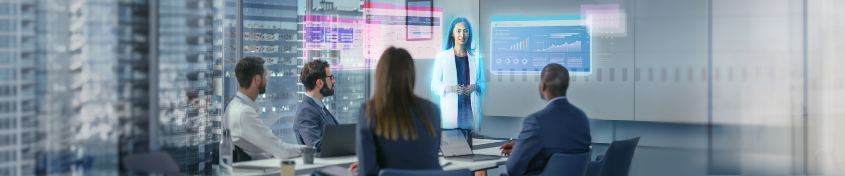 People in an office seeting during a mixed reality and virtual communications meeting.