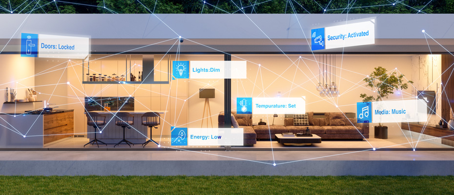Inside a family home with visualization of smart home technology.