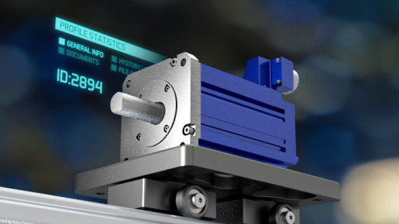 MagneMover cart carrying a stepper motor with ID tag superimposed on it.