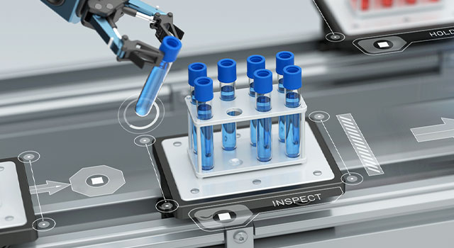 Intelligent conveyance system transporting test tubes filled with blue liquid.