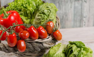 A basket filled with tomatoes and lettuce