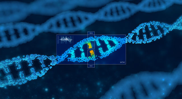 3D model of DNA isolating a section with data visualization overlay