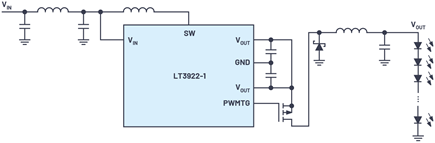 Figure 3. Example circuit for a Silent Switcher LED driver optimized for minimal emissions and the best EMC behavior.