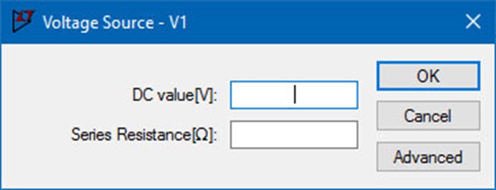 Figure 9. Standard parameters for a voltage source. Advanced options are available by clicking the Advanced button.