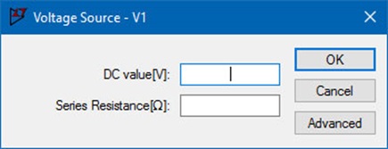 Figure 9. Standard parameters for a voltage source. Advanced options are available by clicking the Advanced button.