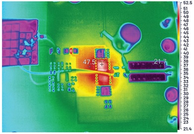 Figure 5. Thermal image of the converter VIN –12 V, VOUT +12 V at 6 A, natural convection cooling, no air flow. Figure 5. Thermal image of the converter VIN –12 V, VOUT +12 V at 6 A, natural convection cooling, no air flow.
