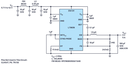 Figure 3. Ultralow EMI LT8636 5 V/5 A step-down converter in spread spectrum mode with 7 A peak works over 5.7 V to 42 V.