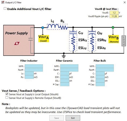 Figure 9. Selecting an LC filter at the output of a switching controller to reduce voltage ripple.