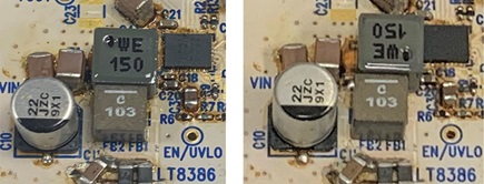 Figure 11. Würth 74439346150 ("WE 150") inductor orientation emissions testing with a DC3008A LT8386 LED driver. An L1 Orientation 1 (left) with a short terminal start of winding on the SW node and L1 Orientation 2 (right) with a long terminal on the SW node. Emissions results in Figure 12 show that the start of winding should be connected to the SW node for the best results.