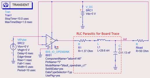 Figure 21. Actual IBIS simulation setup with loading conditions (open-drain buffer). Figure 21. Actual IBIS simulation setup with loading conditions (open-drain buffer).