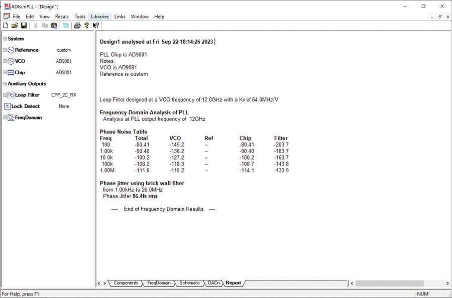 Figure 9. The ADIsimPLL report tab.