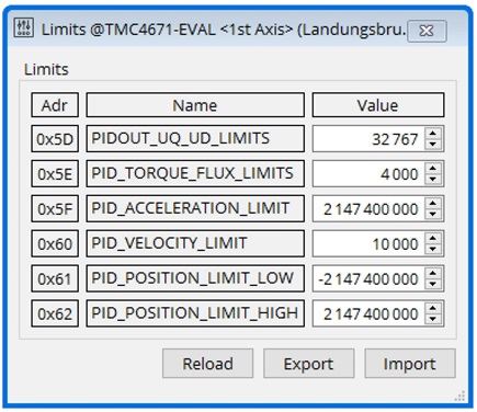 Figure 7: TMCL-IDE: TMC4671 Limits