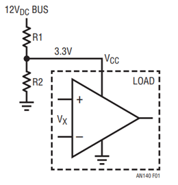 Figure 1. Resistor Divider Generates 3.3VDC from 12V Bus Input.