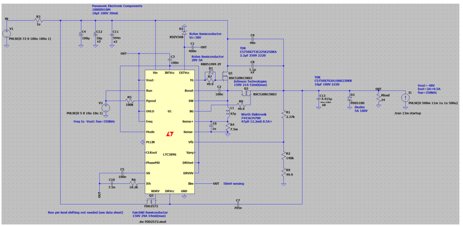 Figure 3. LTC3896 Inverting Buck/Boost Converter in Buck Mode (+72 V to −48 V Conversion)