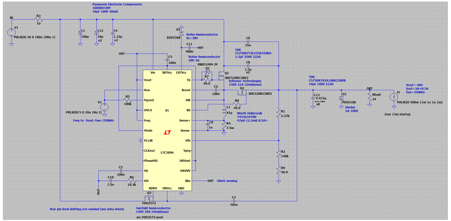 Figure 8. LTC3896 Inverting Buck/Boost Converter in Boost Mode (+36 V to −48 V Conversion)
