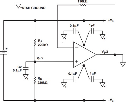 Figure 7. Using an Op Amp to Provide a “Phantom Ground” for Battery-Powered DC-Coupled Applications.