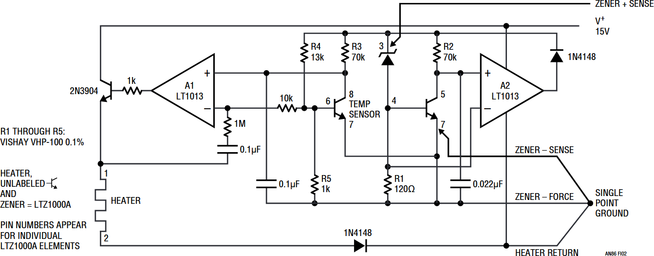 Figure I2. 7V Reference Includes A1 Heater Control Amplifier, A2 Zener Current Regulator and LTZ1000A Zener. Note Zener Kelvin Connections and Single Point Ground.