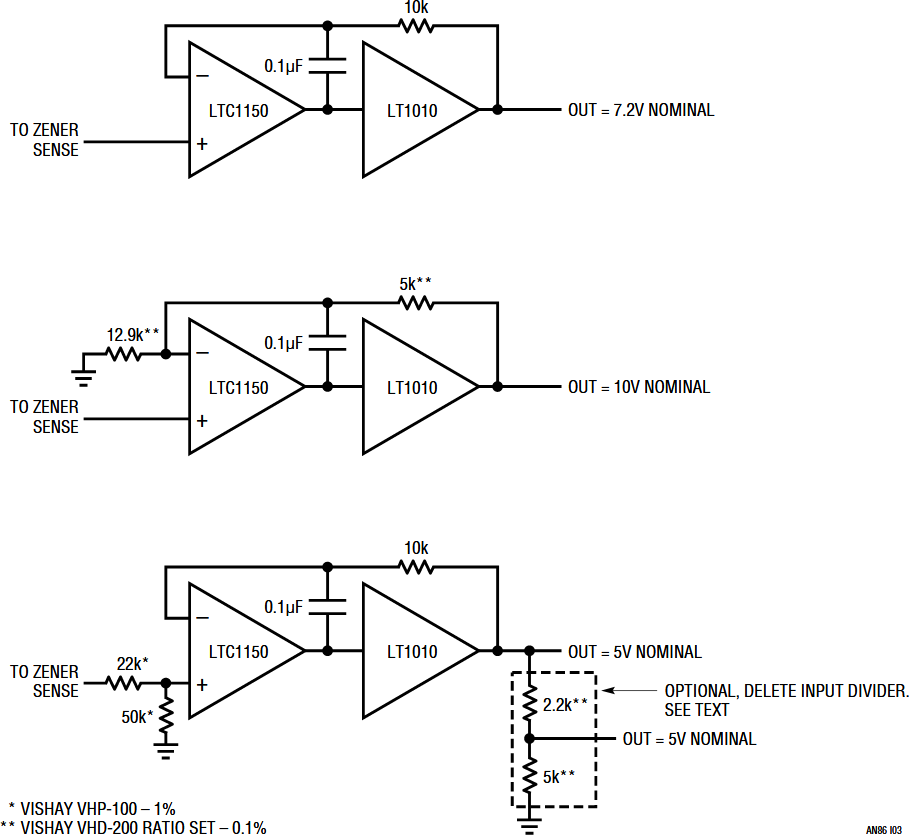 Figure I3. Chopper Stabilized Reference Buffer Options Include Unity Gain (a), 10V (b) and 5V (c) Output. Trimming Is Required for Absolute Accuracy.