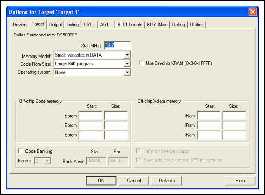 Figure 3. Project options target tab settings.