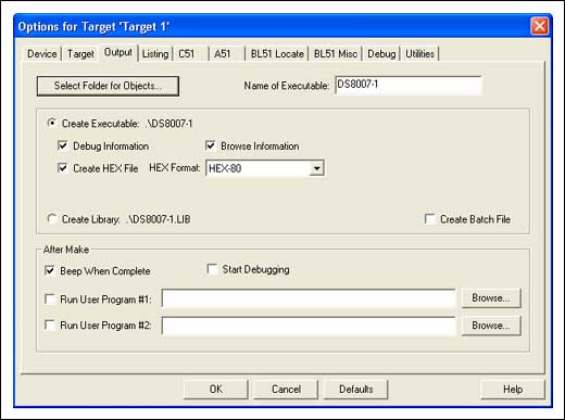 Figure 4. Project options output tab settings.