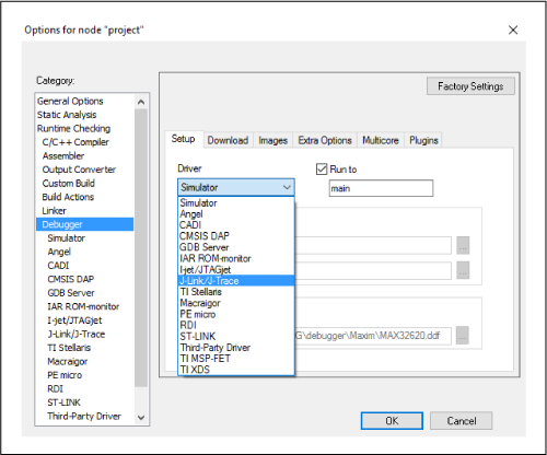 Figure 7. IAR debugger options.