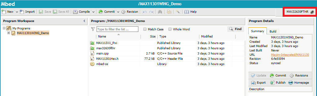 Highlights the target microcontroller selection area of the Mbed compiler window.