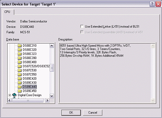 Figure 2.  Selecting the device for a new Keil µVision2 Project. 