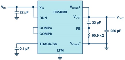The LTM4638 12 V input, 1 V output, 600 kHz simplified schematic using only ceramic capacitors and minimal components