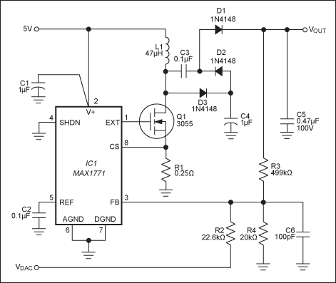 Figure 1. This APD-bias generator produces a regulated, computer-adjusted output in the 30V to 70V range.