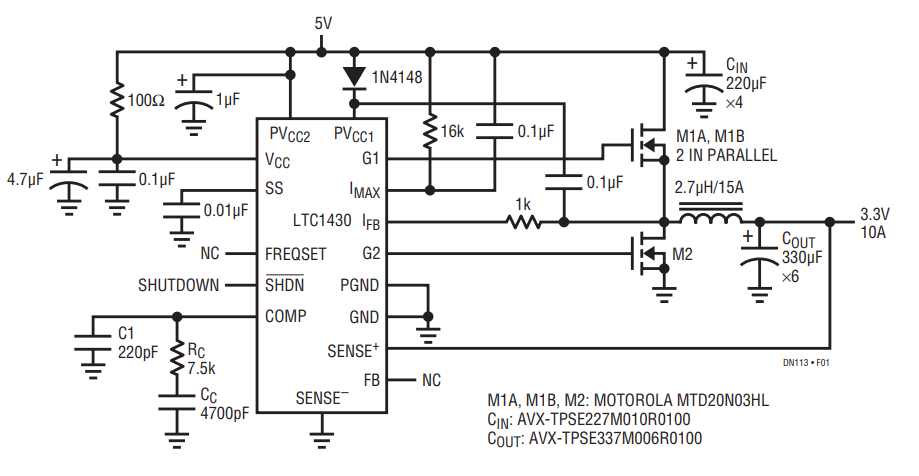 Figure 1. Typical 5V to 3.3V, 10A LTC1430 Application.