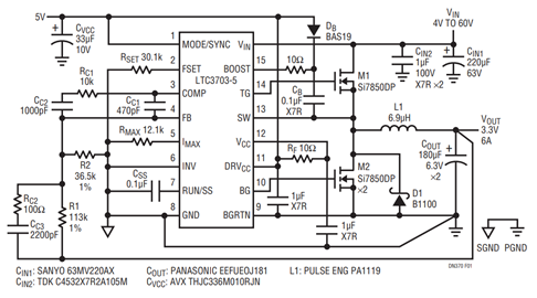 Figure 1. Buck: 48V to 3.3V/6A Synchronous Step-Down Converter.