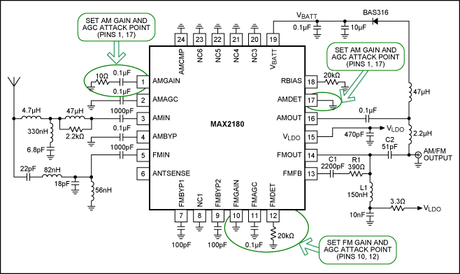 Figure 2. Application schematic for a single-antenna solution features the MAX2180.