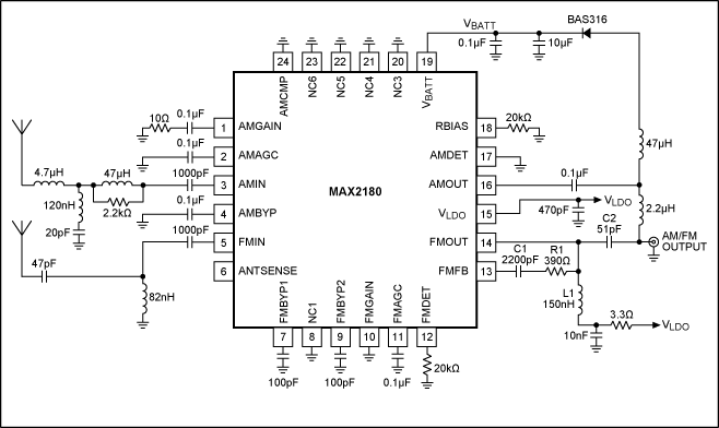 Figure 3. Application schematic for a dual-antenna solution features the MAX2180.