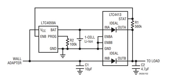 Figure 2. Automatic Switchover from a Battery to a Wall Adapter with a Battery Charger. Figure 2. Automatic Switchover from a Battery to a Wall Adapter with a Battery Charger.
