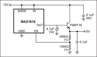Figure 1. An external emitter-follower increases the output current while maintaining the low quiescent current of this LDO regulator.
