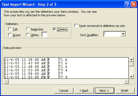 Figure 5. For the data to flow into Excel smoothly, it is important that you mark the file delimiters correctly, using either a comma or a semicolon.