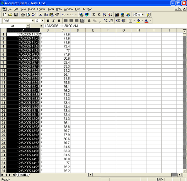 Figure 7. Once your data is in Excel, Column A will display the date and time when you downloaded your data.