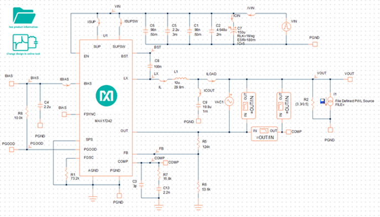 Figure 2. The schematic used in EE-Sim OASIS to model the MAX17242EVKIT. Input and output capacitors have been de-rated from schematic values based on DC voltage. Three separate Bode probes allow the measurement of the full-loop transfer function, as well as individual power stage and compensator stage transfer functions.