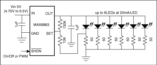 Figure 2. By adding an inexpensive LDO to make the bias voltage automatically variable, brightness matching over white LED lot-to-lot and/or brand-to-brand variation will be substantially improved.
