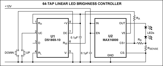 Figure 1. This brightness-control circuit lets you adjust the LED brightness manually, using the UP and DOWN buttons.