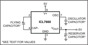 Figure 1. Adding an oscillator capacitor to the typical ICL7660 application lowers the oscillator frequency, which for lower values of IO results in more efficient voltage conversion.