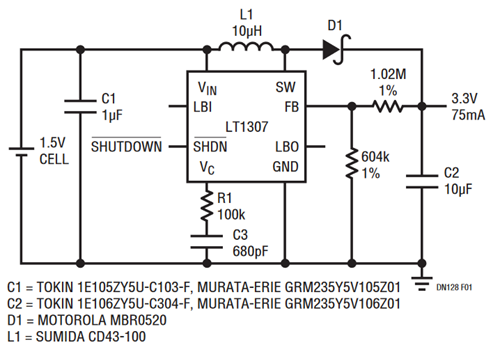 Figure 1. Single Cell to 3.3V Boost Converter Delivers 75mA at a 1V Input.