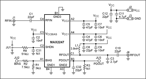 Figure 1. schematic of the MAX2247, optimized for 802.11g.