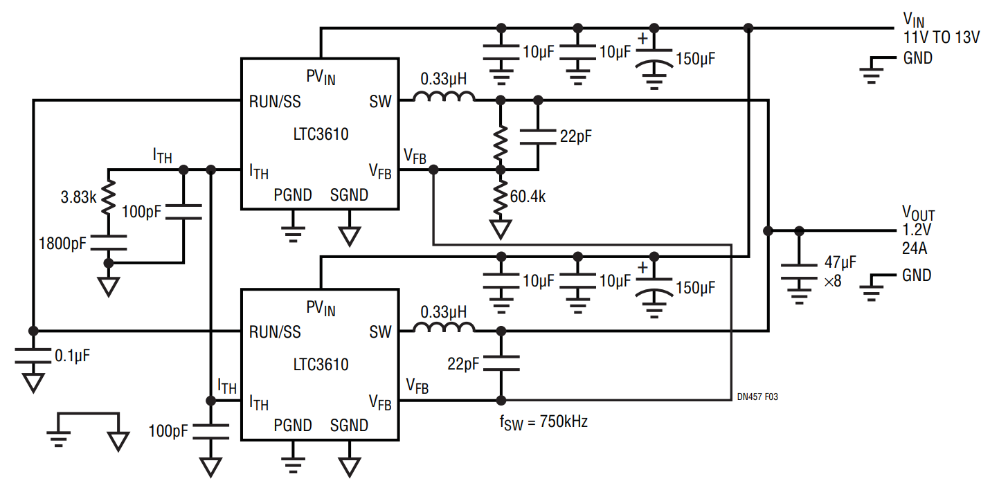 Figure 3. Two LTC3610s in Parallel Can Provide 24A Output Current.