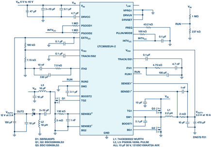 Electrical schematic of LTC3892 in SEPIC and buck applications