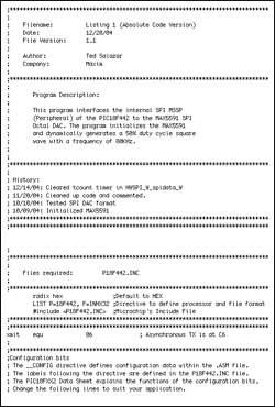 Listing 1. This assembly example program interfaces to the MAX5591 using the PIC18F442's internal MSSP SPI peripheral.