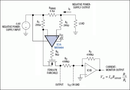 Figure 1. This current-sensing circuit monitors a negative power supply and provides a positive output voltage proportional to the load current.